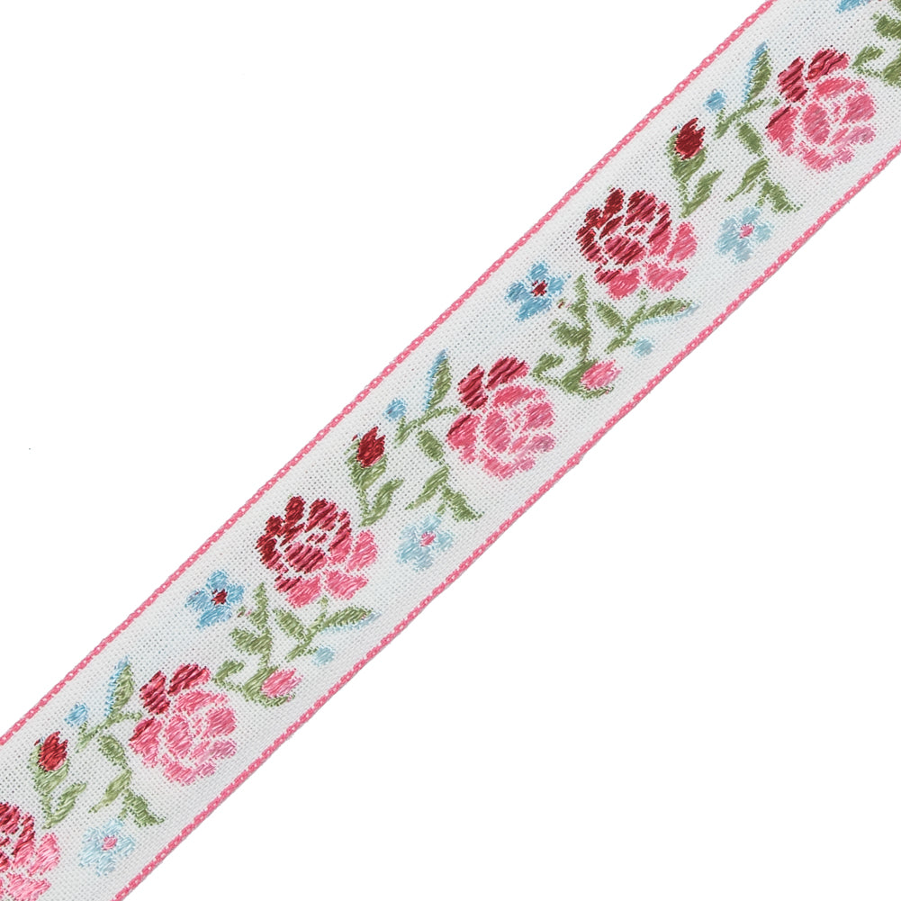 German Pink and Green Floral Jacquard Ribbon - 0.875" Detail