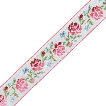 German Pink and Green Floral Jacquard Ribbon - 0.875" Detail