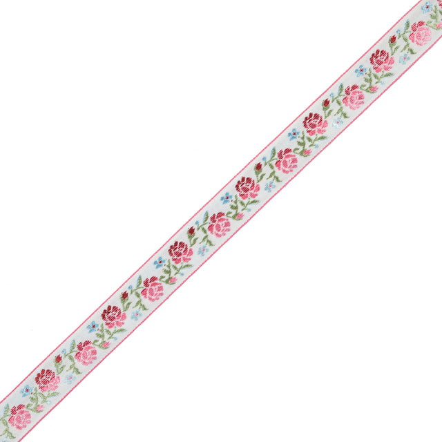 German Pink and Green Floral Jacquard Ribbon - 0.875"