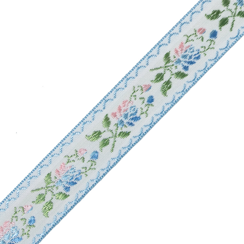 Blue, Green and Pink Floral German Jacquard Ribbon - 0.875" Detail
