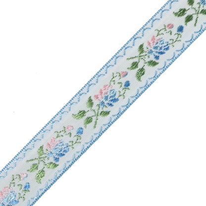 Blue, Green and Pink Floral German Jacquard Ribbon - 0.875" Detail