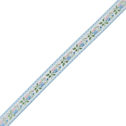 Blue, Green and Pink Floral German Jacquard Ribbon - 0.875"