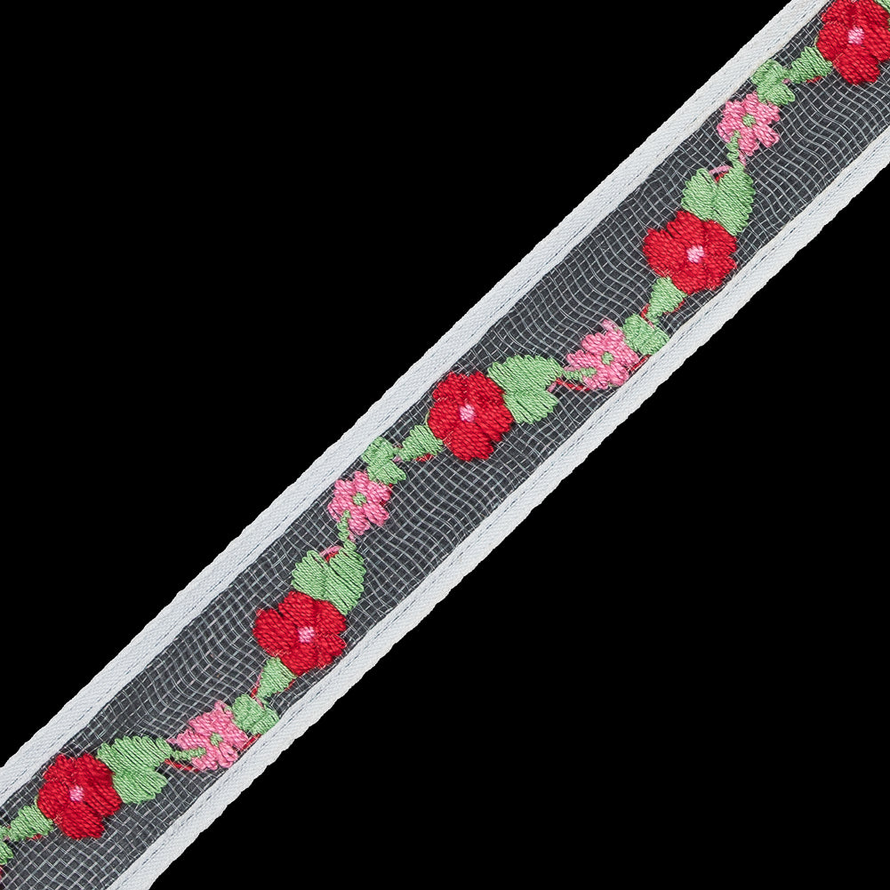 Red Floral Embroidered Tulle Ribbon - 1" Detail