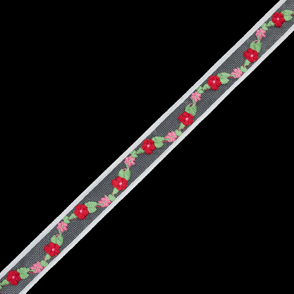 Red Floral Embroidered Tulle Ribbon - 1"