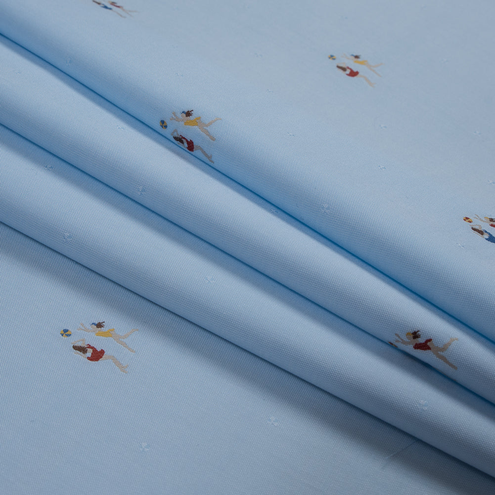 Blue Pinpoint Cotton Shirting with Woven Beach Goers Folded