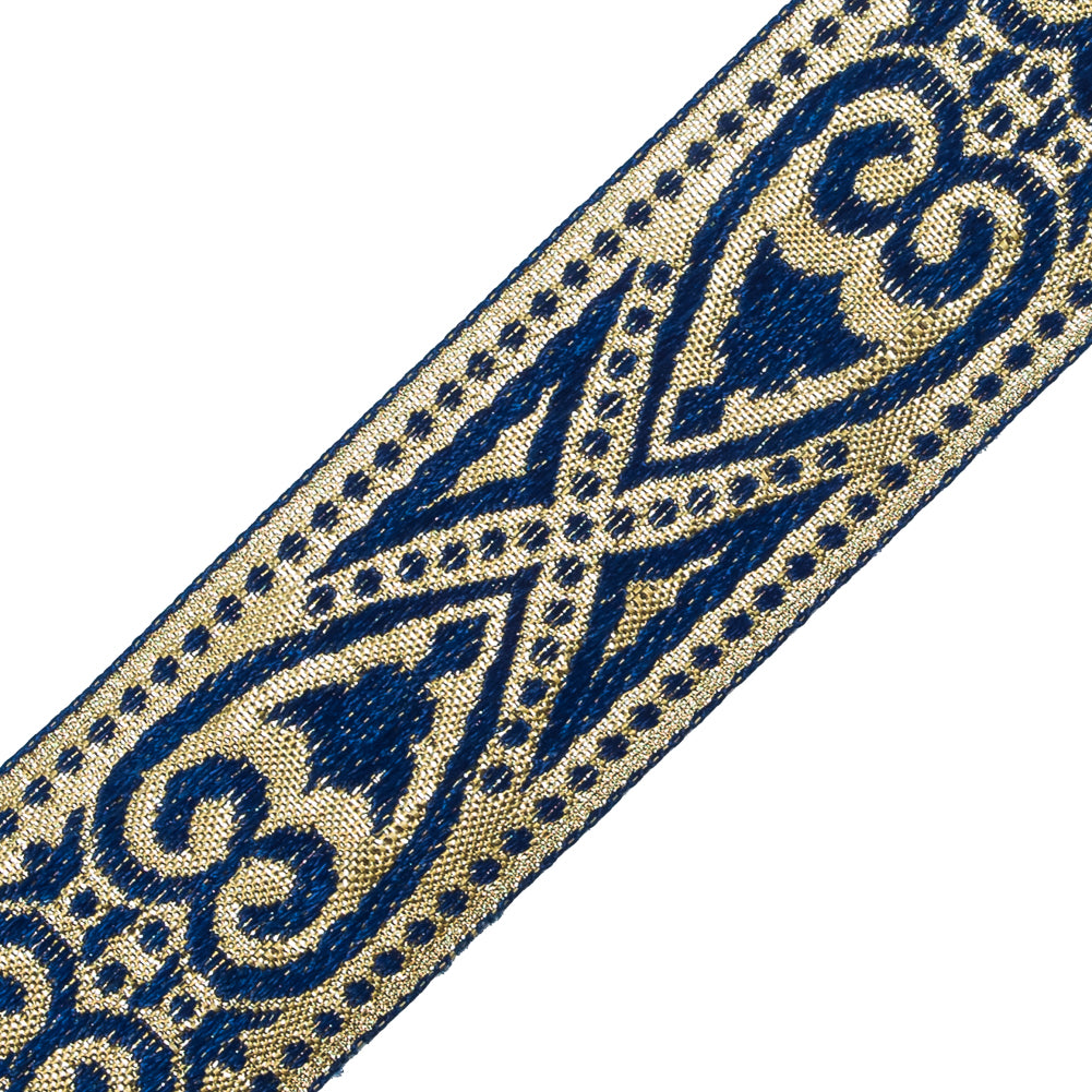 Blue and Metallic Gold Heart Jacquard Ribbon - 1.5 - Detail