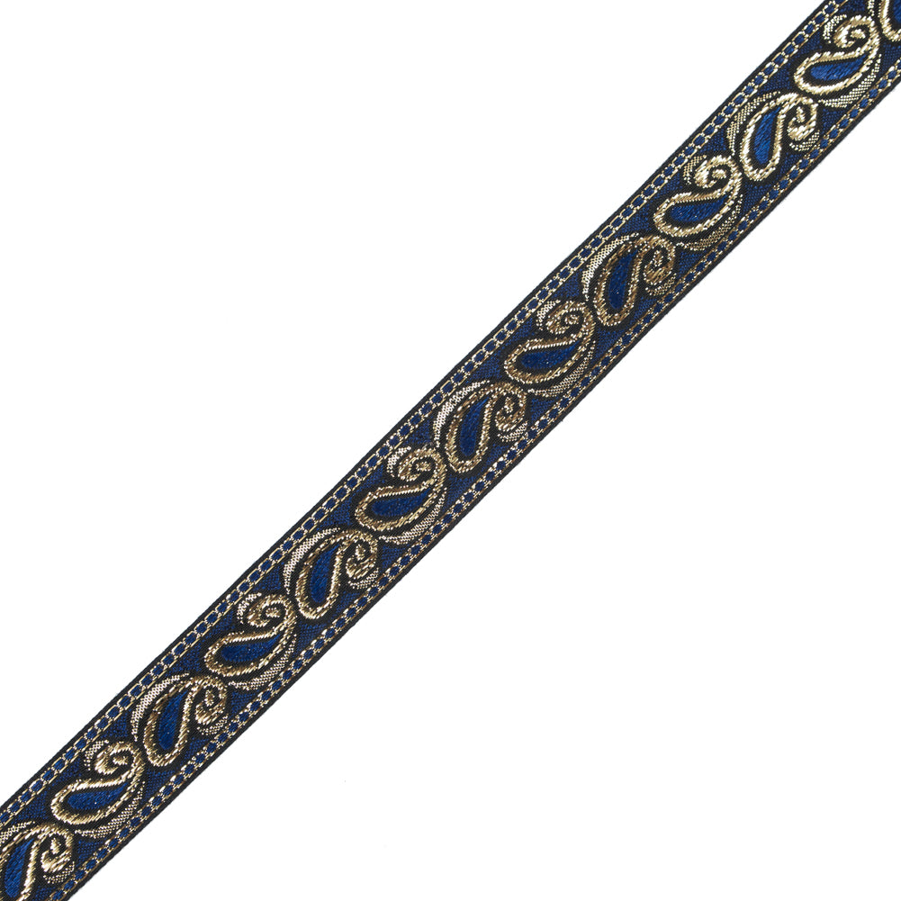 Blue and Metallic Gold Paisley Jacquard Ribbon - 1"