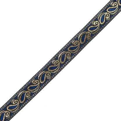 Blue and Metallic Gold Paisley Jacquard Ribbon - 1"