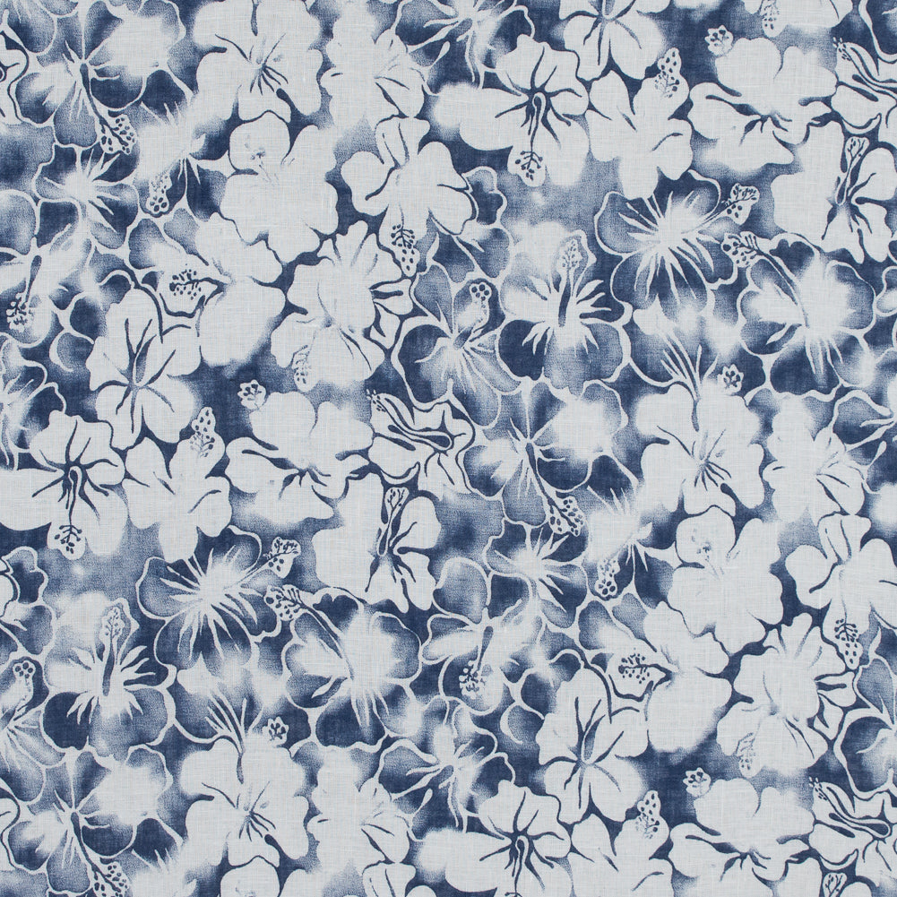 Blue Indigo and White Floral Printed Linen Woven
