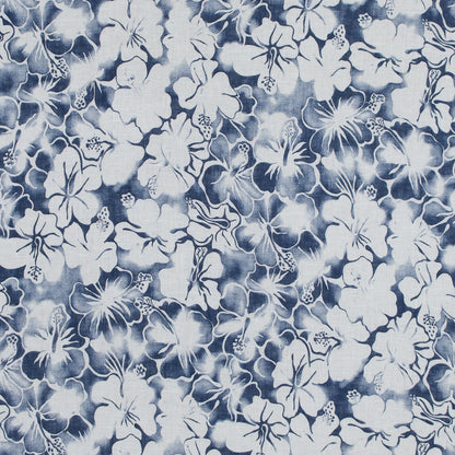 Blue Indigo and White Floral Printed Linen Woven