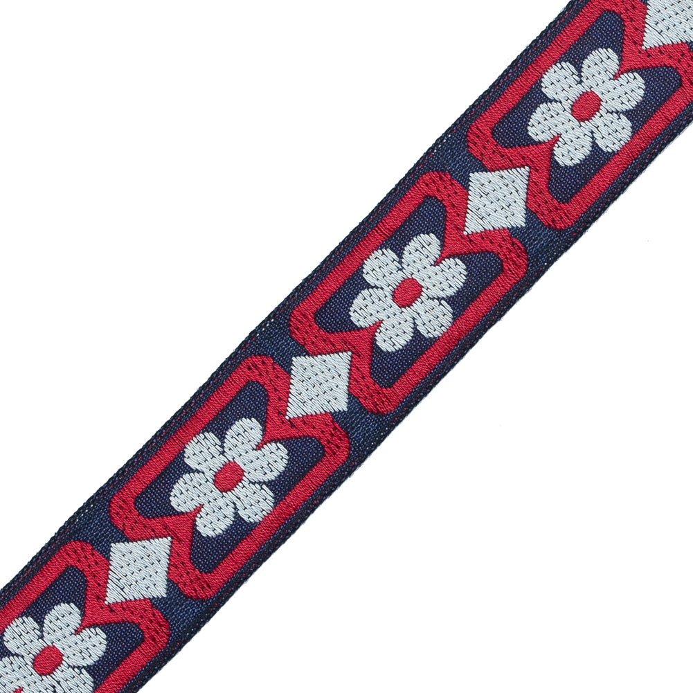 Red, White and Blue Floral German Jacquard Ribbon - 1" Detail