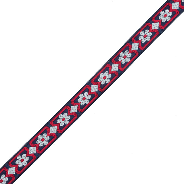 Red, White and Blue Floral German Jacquard Ribbon - 1"