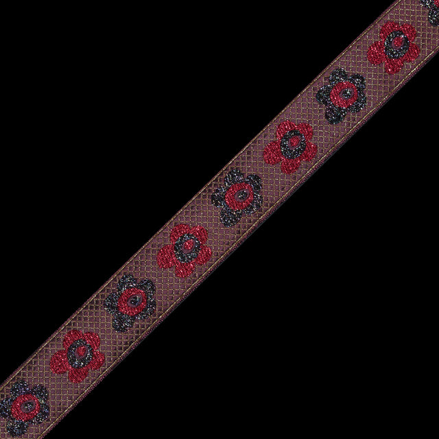 Red and Iridescent Metallic Floral Jacquard Ribbon - 1.25