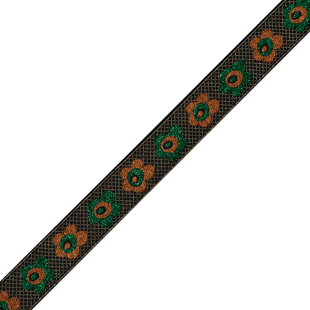 Green and Orange Metallic Floral Jacquard Ribbon - 1.25