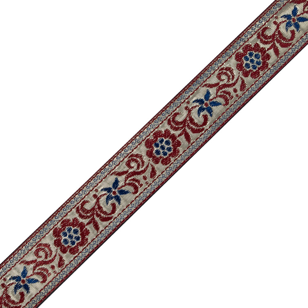 Metallic Gold and Red Floral Jacquard Ribbon - 1.5"