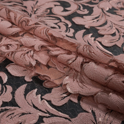 Embroidered Netting with Sequins - Coral Pink Floral Detail
