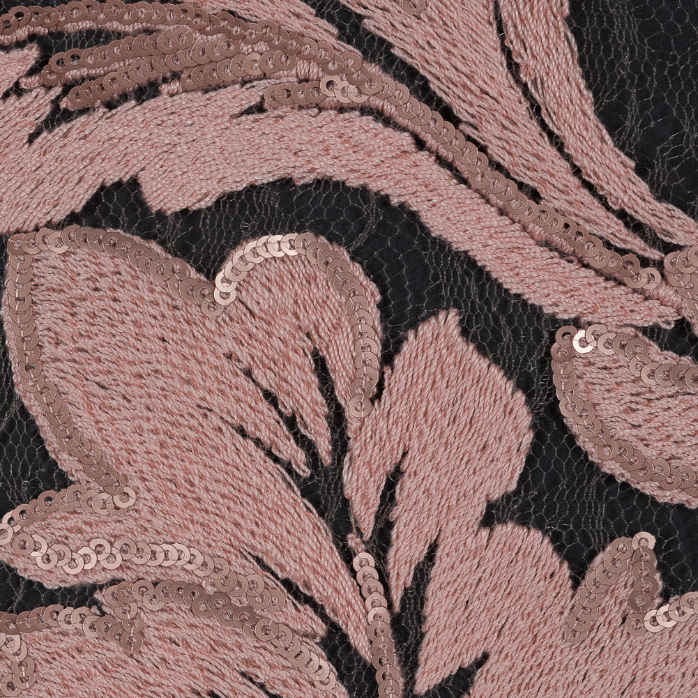 Embroidered Netting with Sequins - Coral Pink Floral Full