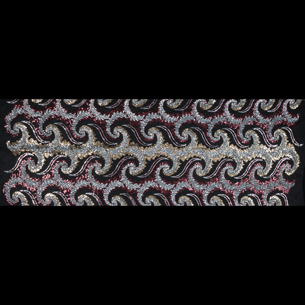 Netting with Sequins - Red, Silver and Gold Paisleys on Black Folded