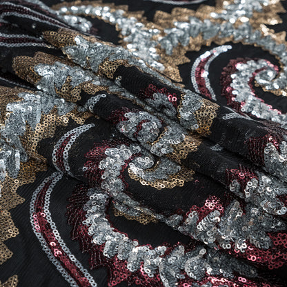 Netting with Sequins - Red, Silver and Gold Paisleys on Black Detail