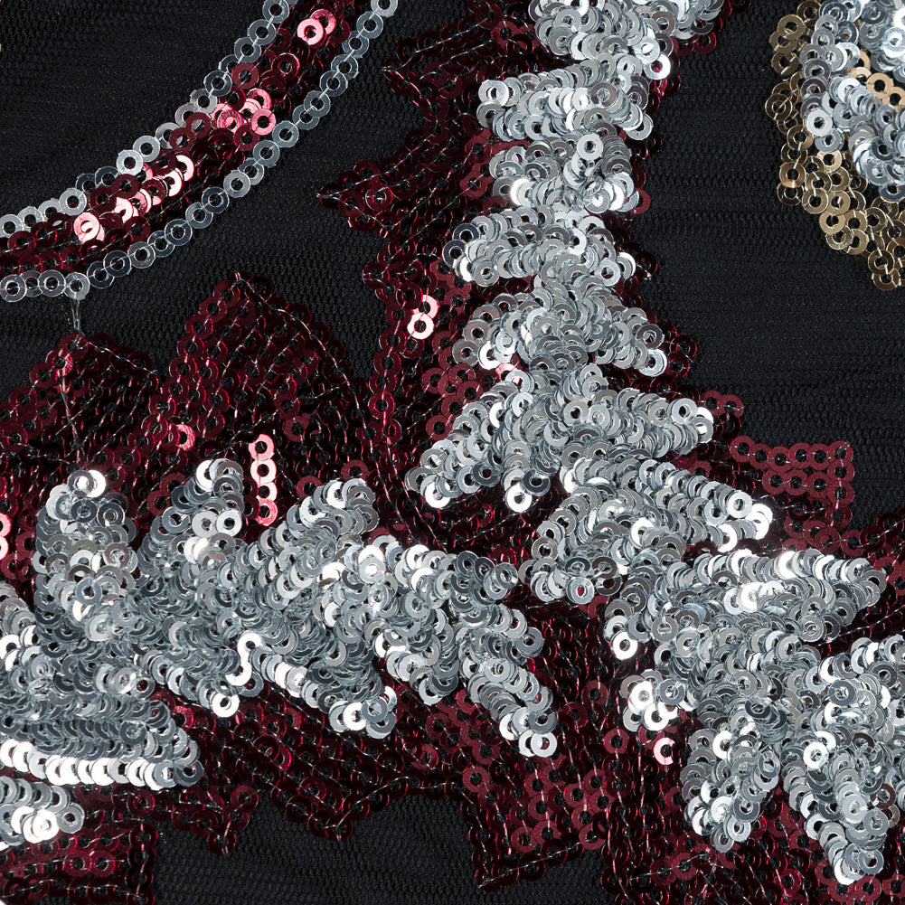 Netting with Sequins - Red, Silver and Gold Paisleys on Black Full