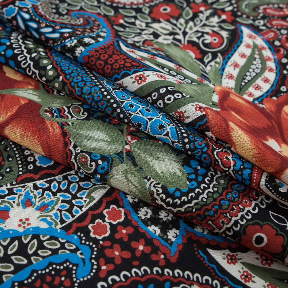 Italian Orange and Green Paisley Cotton Batiste