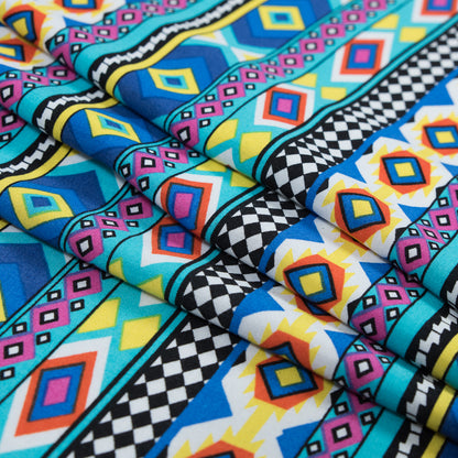 Deep Ultramarine and Yellow Geometric Stripes Printed Rayon Challis Folded