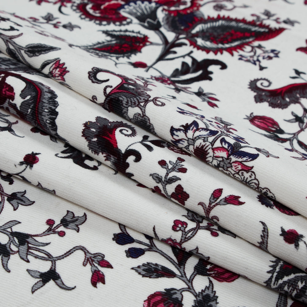 Eggnog, Cranberry and Gray Floral Stretch Cotton Corduroy - Folded