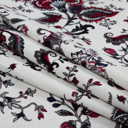 Eggnog, Cranberry and Gray Floral Stretch Cotton Corduroy - Folded