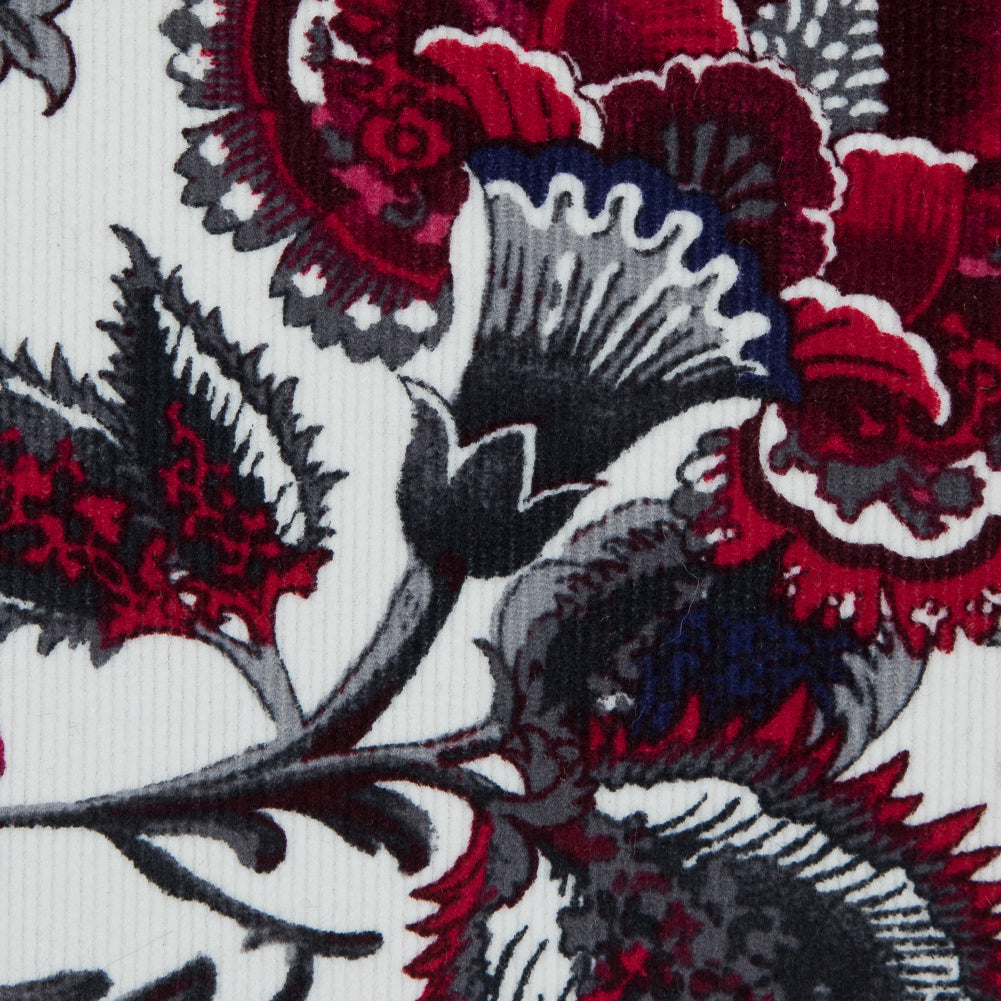 Eggnog, Cranberry and Gray Floral Stretch Cotton Corduroy - Detail