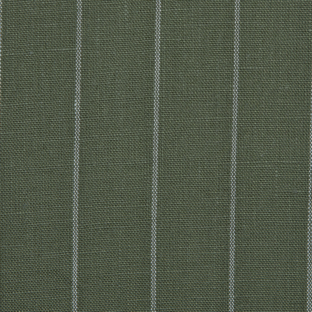 Deep Lichen Green and White Pencil Striped Linen Woven Detail