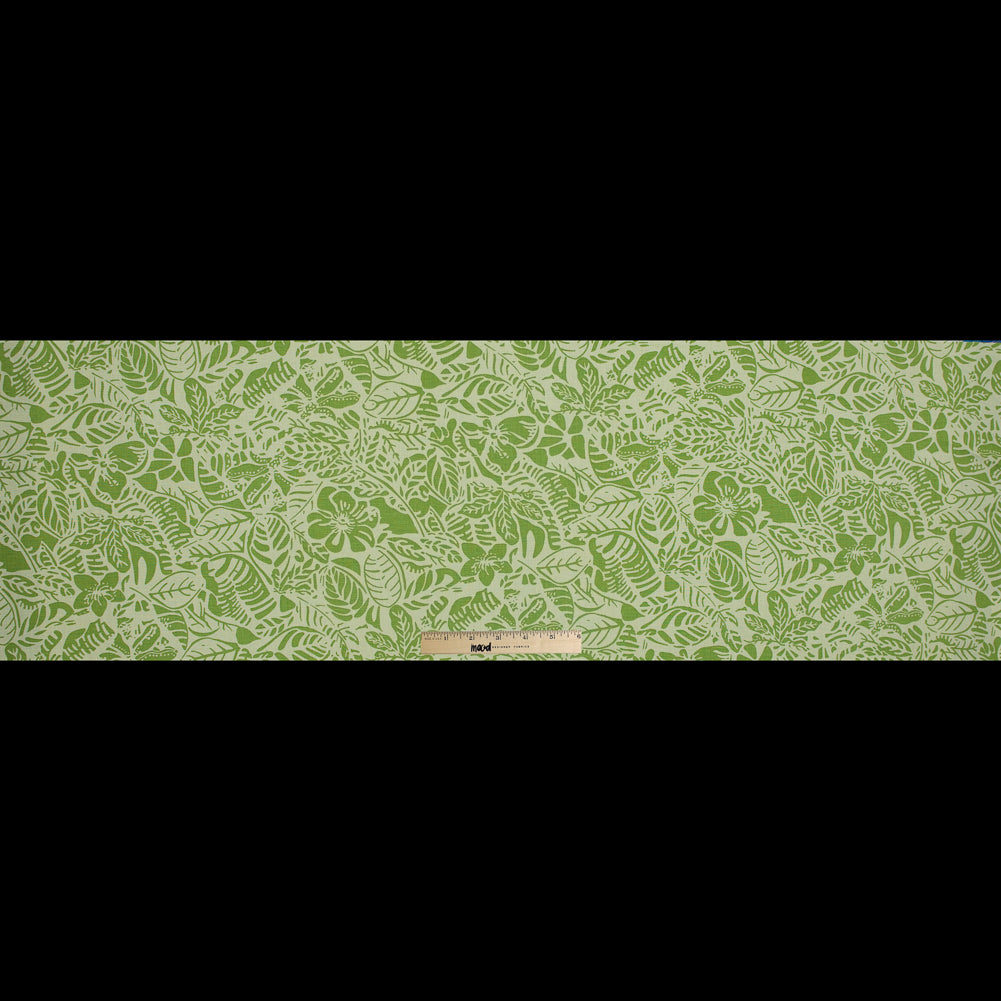 Parrot Green Leafy Printed Linen Woven - Folded