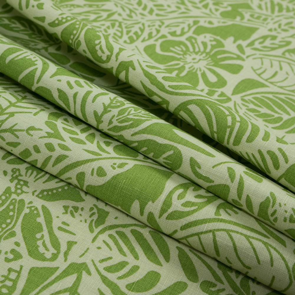 Parrot Green Leafy Printed Linen Woven - Detail