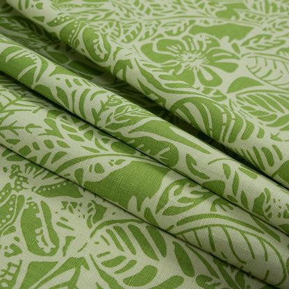 Parrot Green Leafy Printed Linen Woven - Detail