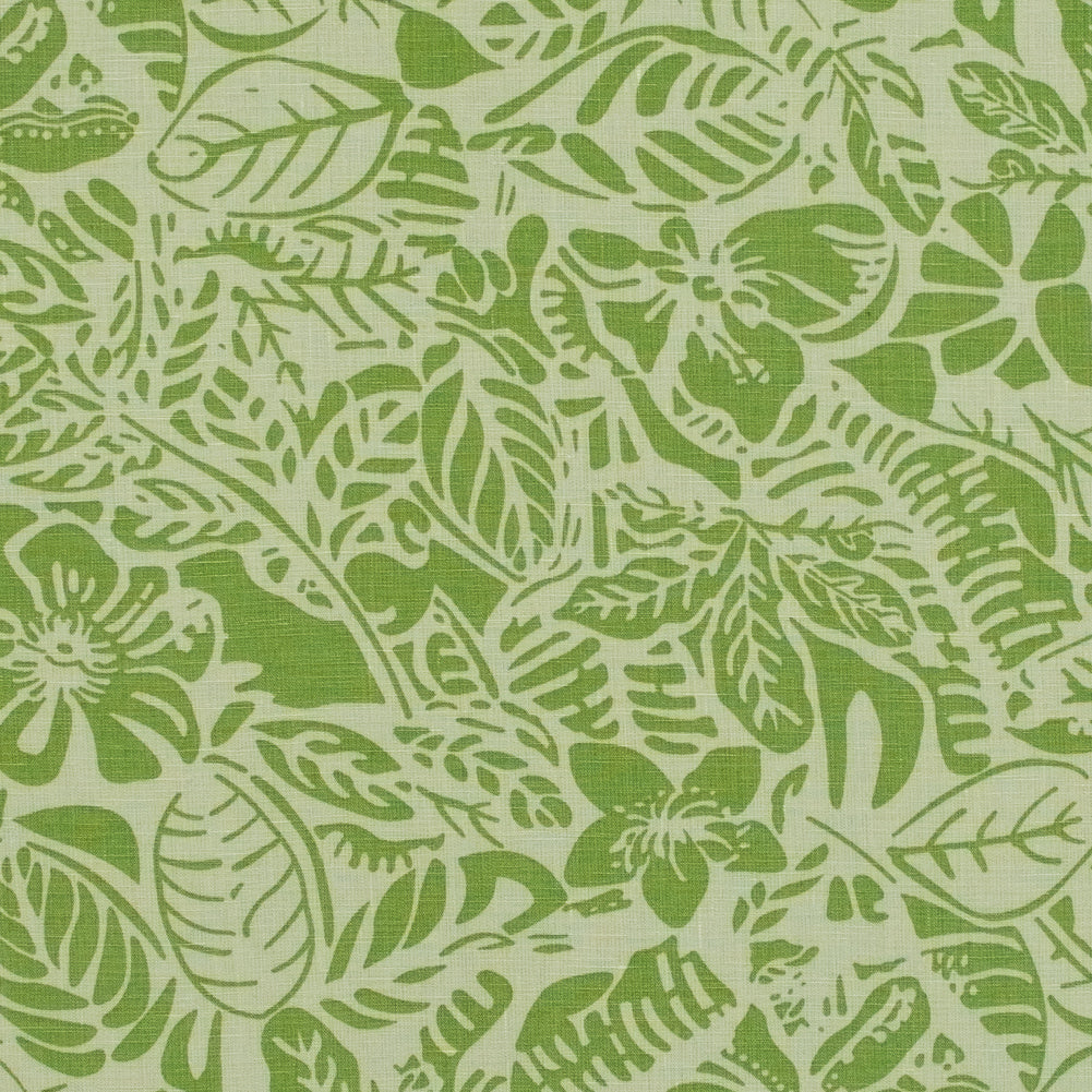 Parrot Green Leafy Printed Linen Woven