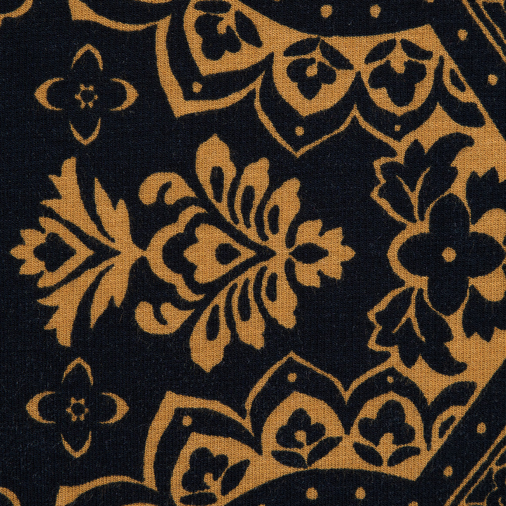 New Navy and Mustard Floral Printed Double Knit Detail