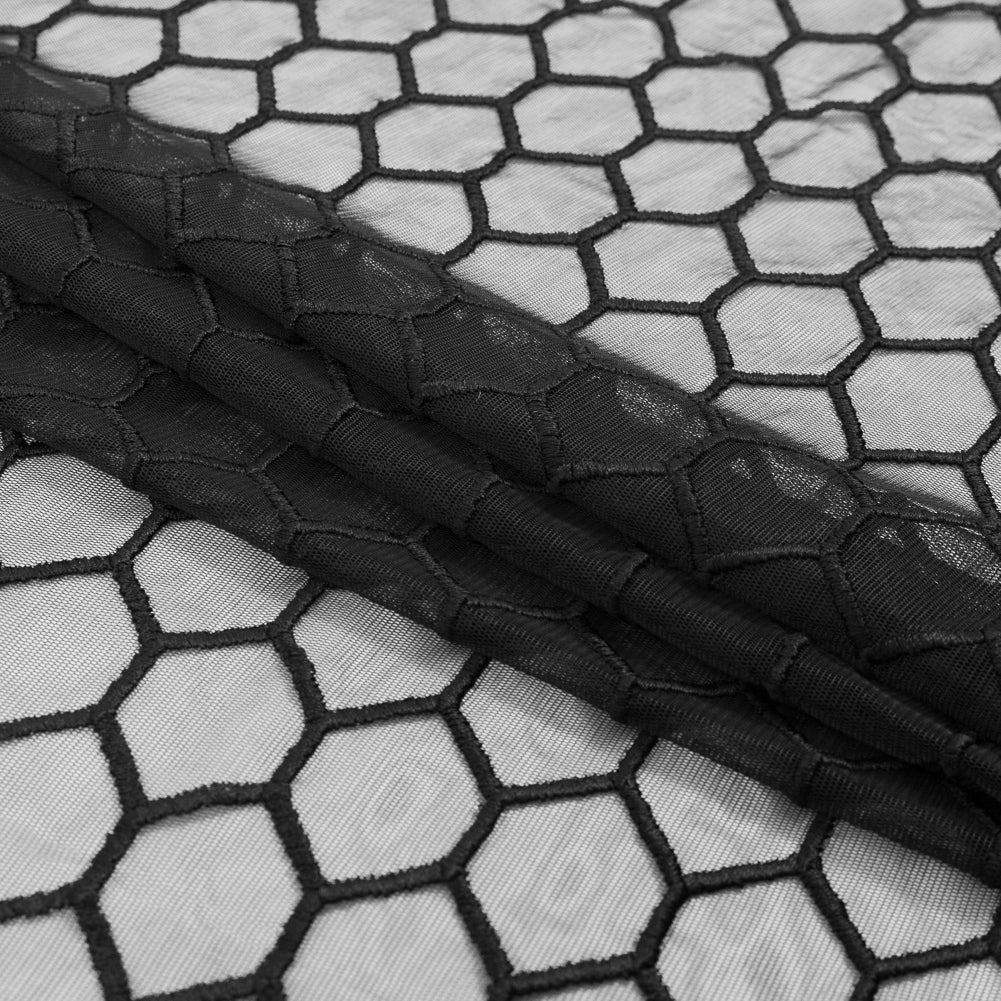 Black Honeycomb Embroidered Soft Tulle - Detail