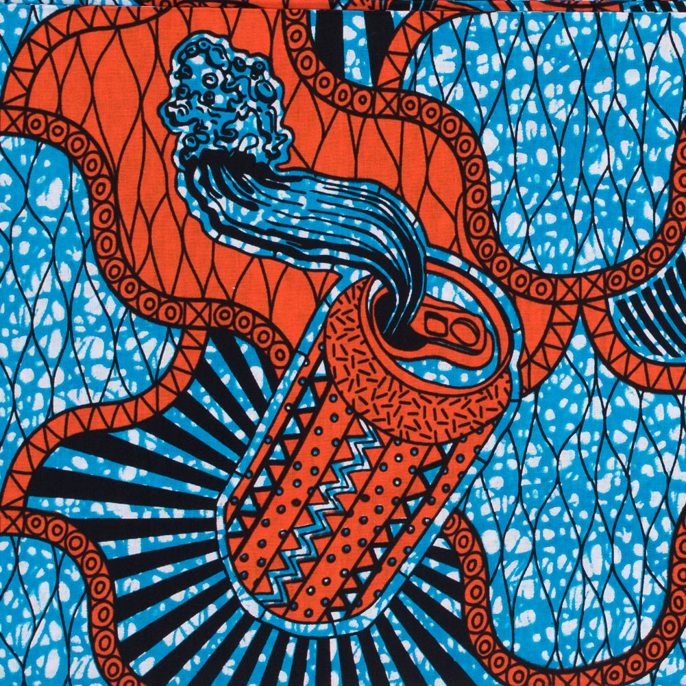 Hawaiian Blue and Mandarin Soda Can Waxed Cotton African Print Detail