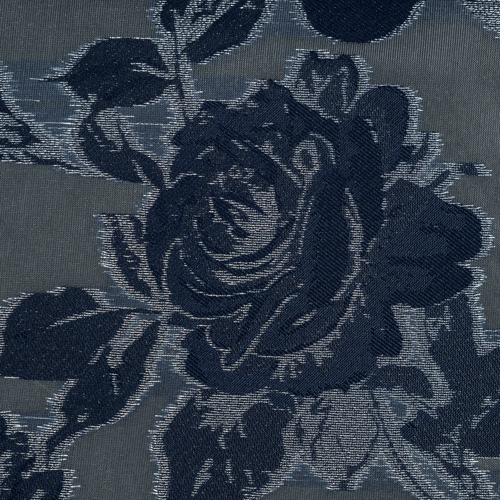 Patriot Blue and Metallic Silver Floral Burnout Organza - Detail