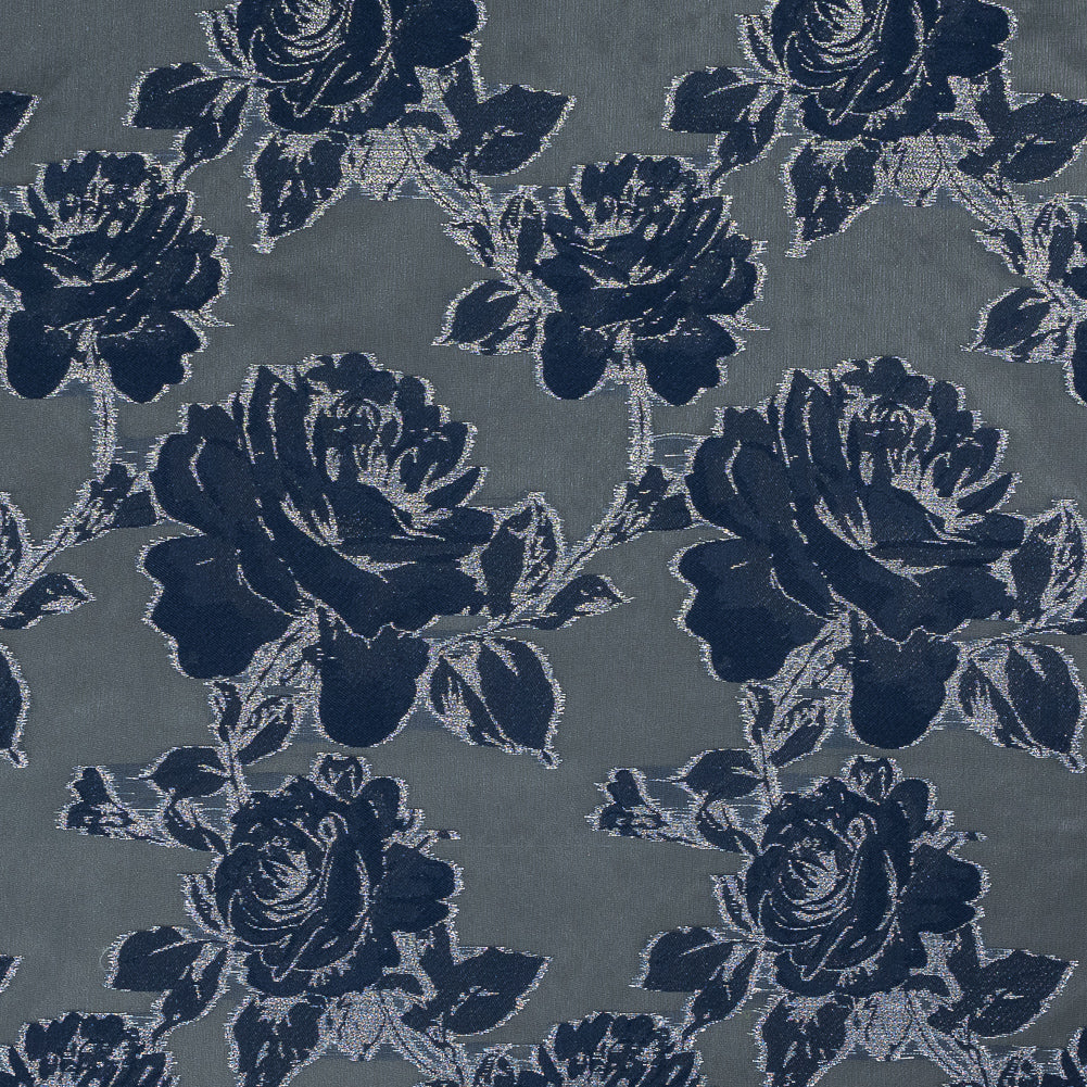 Patriot Blue and Metallic Silver Floral Burnout Organza