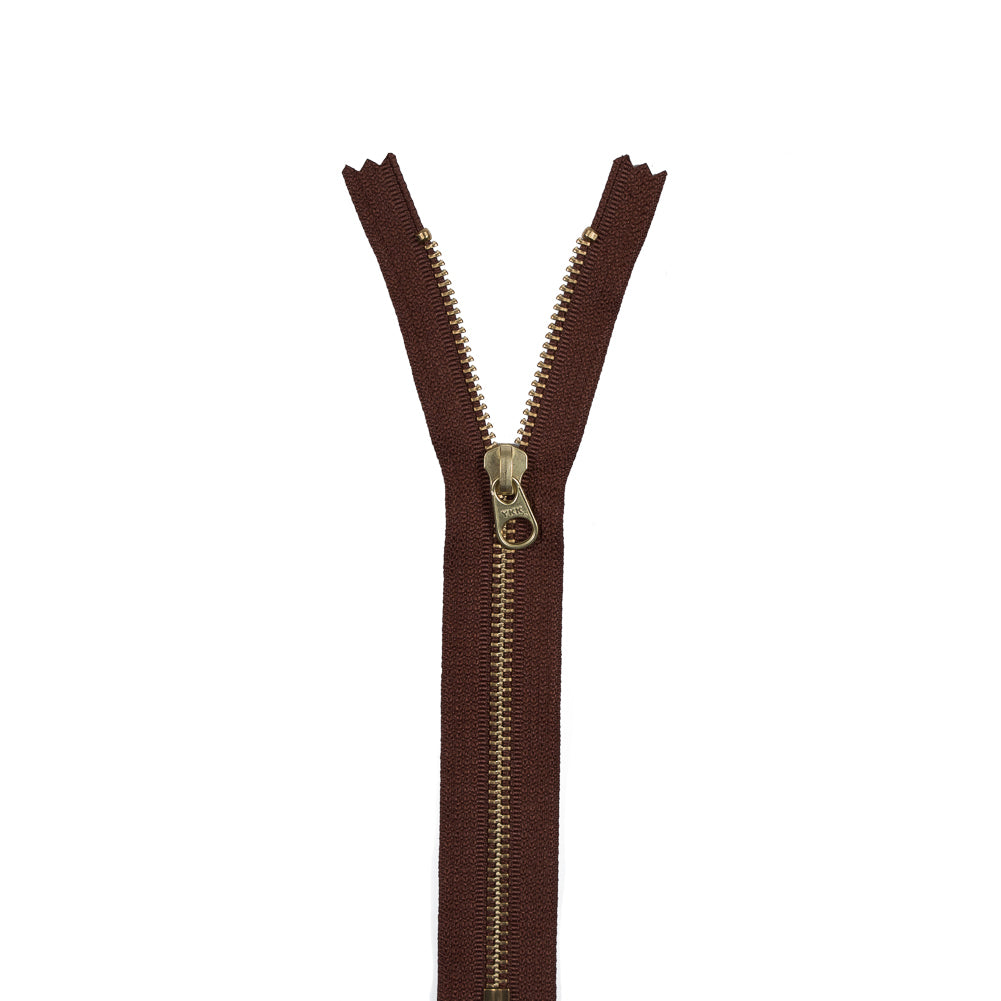 Metal Closed Bottom Zipper with Gold Teeth 8" - Brown
