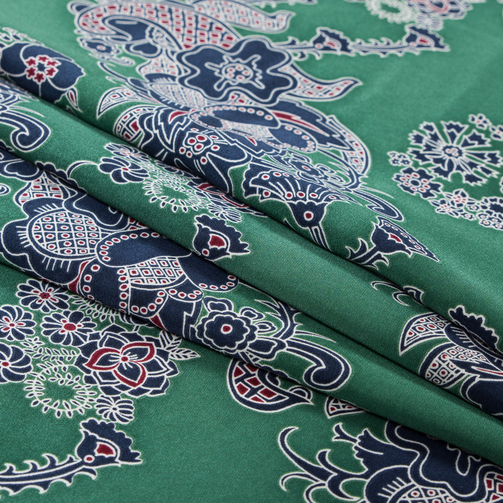 Green Floral Stretch Silk Crepe de Chine Folded