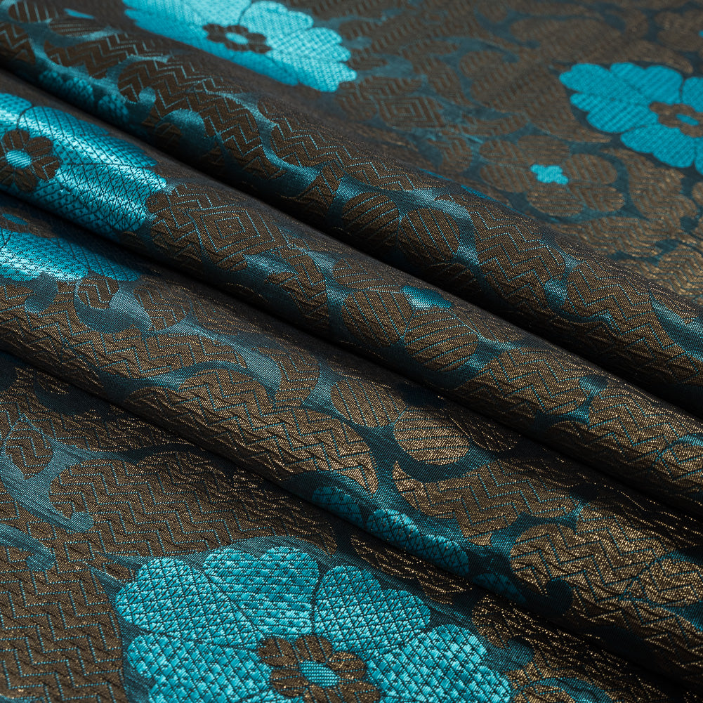 Aqua and Metallic Gold Geometric Floral Jacquard Folded
