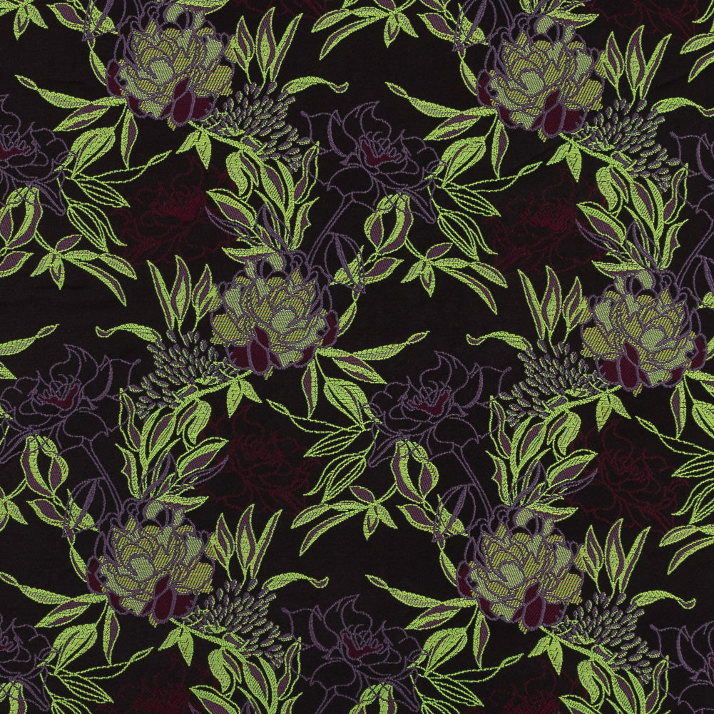 Neon Green, Maroon and Lavender Floral Jacquard