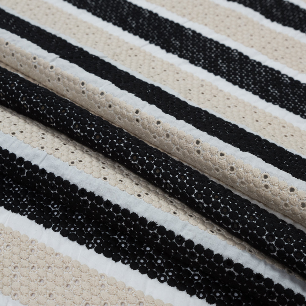 Beige and Black Awning Striped Embroidered Eyelet Folded