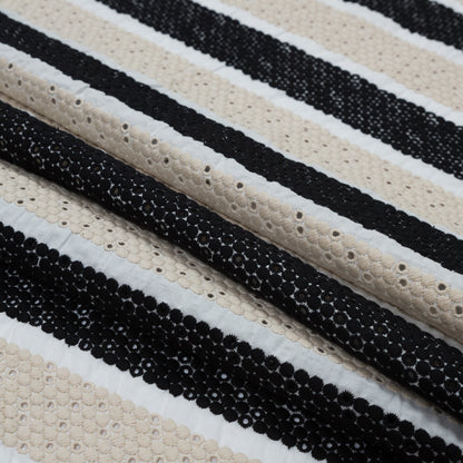 Beige and Black Awning Striped Embroidered Eyelet Folded