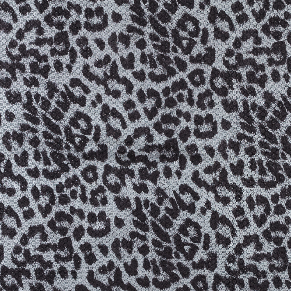 Knit Fabric with Snow Leopard Foil and Circle Sequins - Black and White on Black