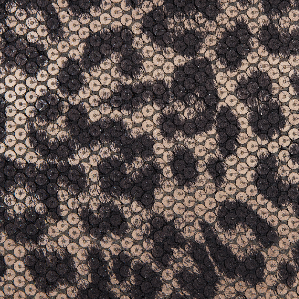 Knit Fabric with Snow Leopard Foil and Circle Sequins - Beige and Black on Black Detail