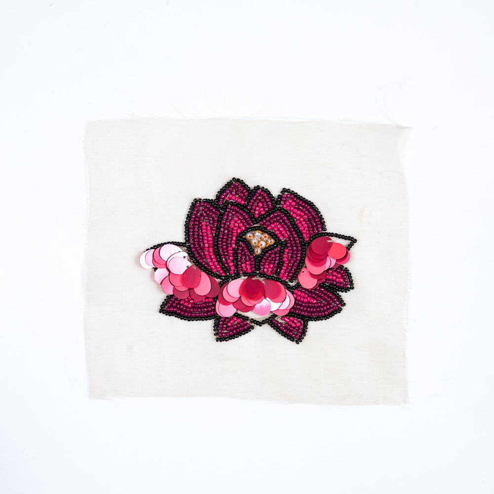 Italian Pink Beaded Sequin Lotus Flower Applique - 4.5"