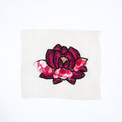 Italian Pink Beaded Sequin Lotus Flower Applique - 4.5"