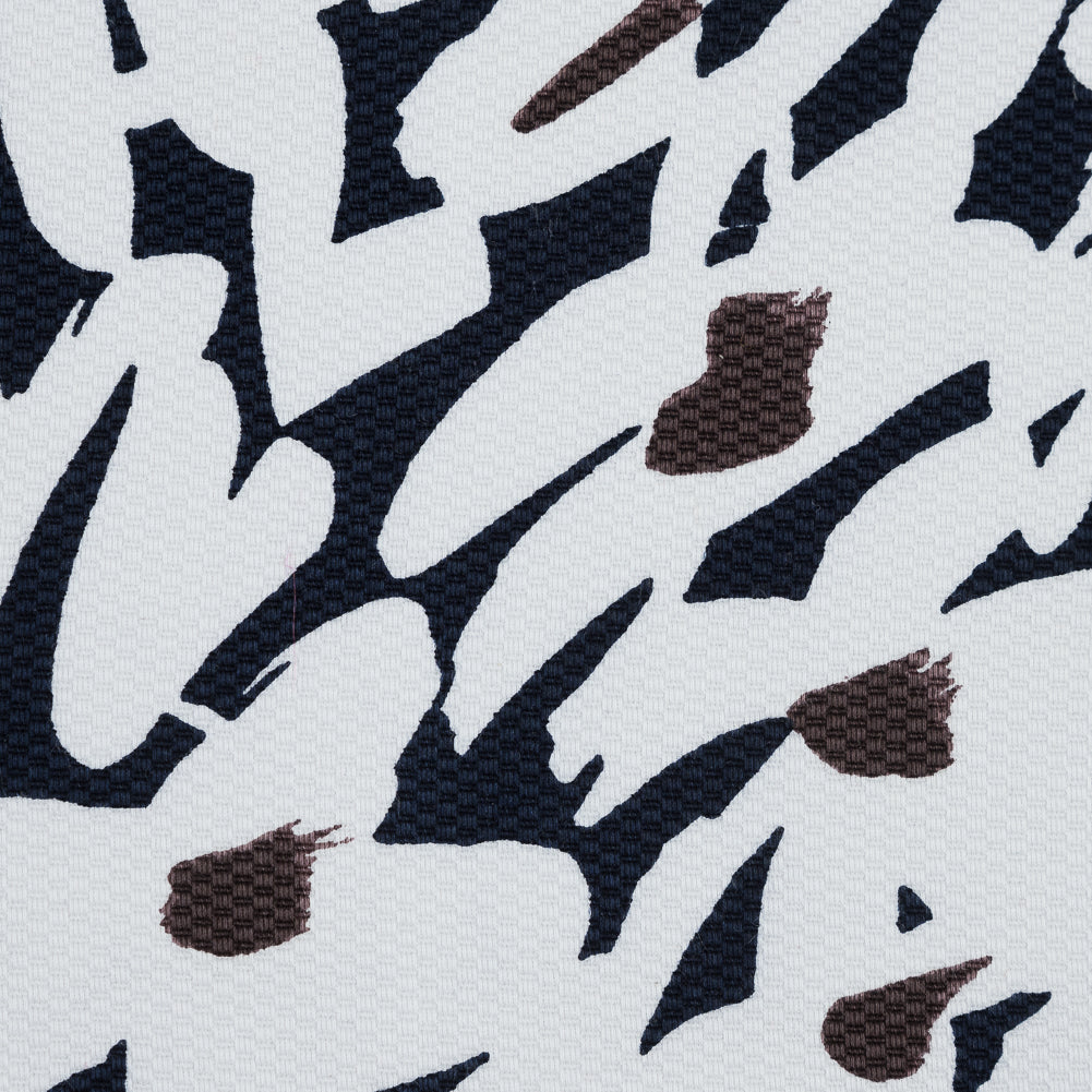 White, Navy and Brown Floral Stretch Cotton Pique Detail